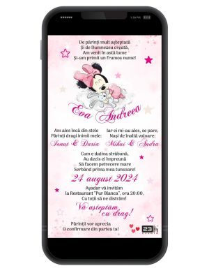 Invitație digitală Moț fetiță, Aniversare 1 an, personalizată cu Baby Minnie – MIBC309003
