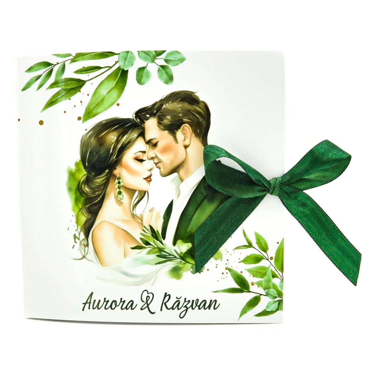 invitatie nunta model dragoste frunze verzi miri cuplu 1