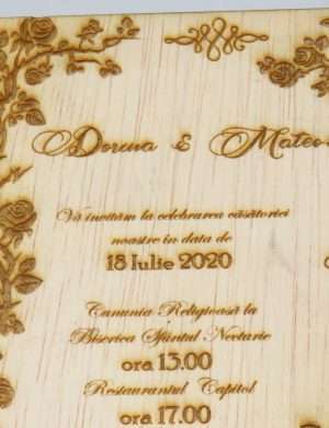 Invitatie nunta din lemn, gravata laser, 10×15 cm, (mostra), SOMIS166