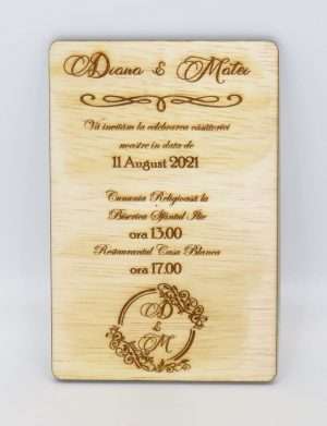 Invitatie nunta din lemn, gravata laser, 10×15 cm, OMIS162