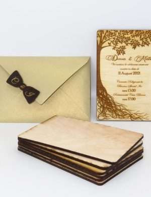 Invitatie nunta din lemn, gravata laser, 10×15 cm, (mostra), SOMIS165