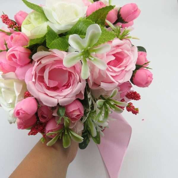 Buchet mireasa nasa cu flori roz de matase ILIF308003 4