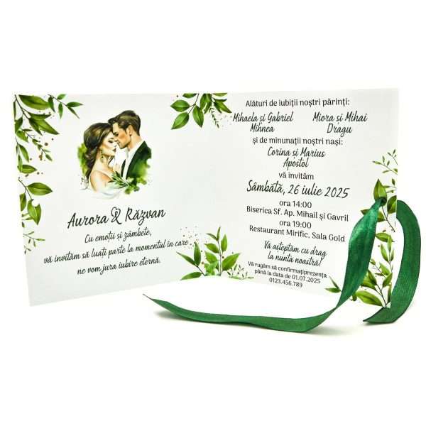 invitatie nunta model dragoste frunze verzi miri cuplu 2