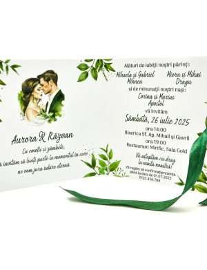 Invitatie nunta tip Carte, cu fundita verde, model cu miri si frunze verzi – MIBC403008