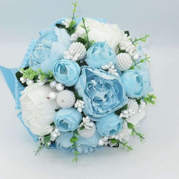 Buchet mireasa cu flori de matase, Aqua, bleu&alb ILIF403047 (2)