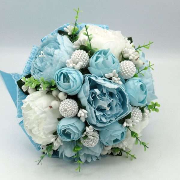 Buchet mireasa cu flori de matase, Aqua, bleu&alb ILIF403047 (3)