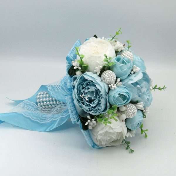 Buchet mireasa cu flori de matase, Aqua, bleu&alb ILIF403047 (5)