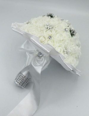 Buchet mireasa cu flori de spuma, alb-argintiu – ILIF311047