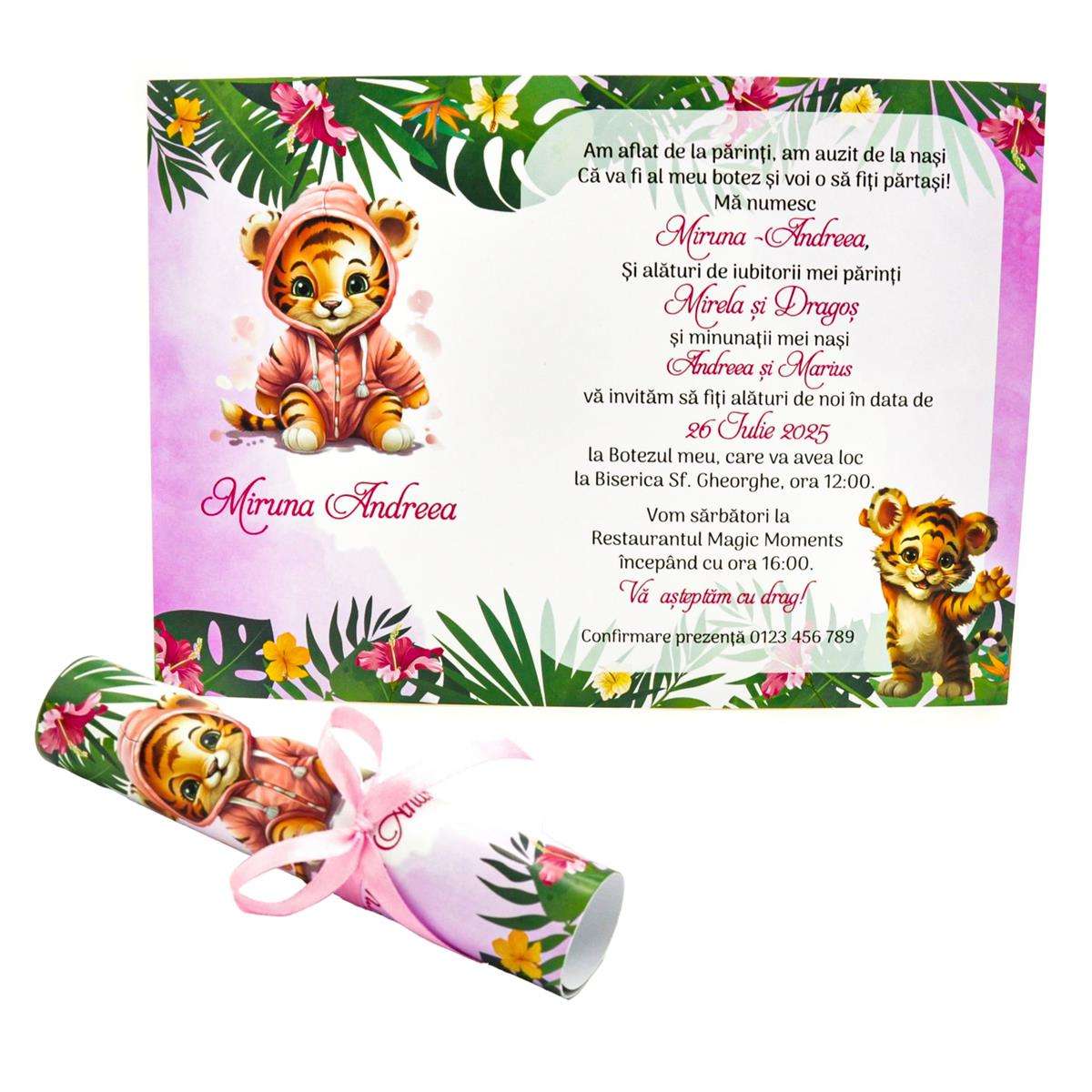 invitatie botez fetita rulata papirus jungle jungla roz leu tigru 1
