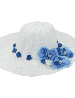 Palarie pentru dezgatitul miresei, alba cu orhidee albastra – ILIF206024