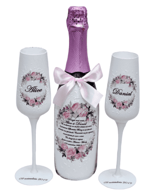 Set cadou pentru nasi, sticla vin spumant si pahare decorate manual – FEIS207003