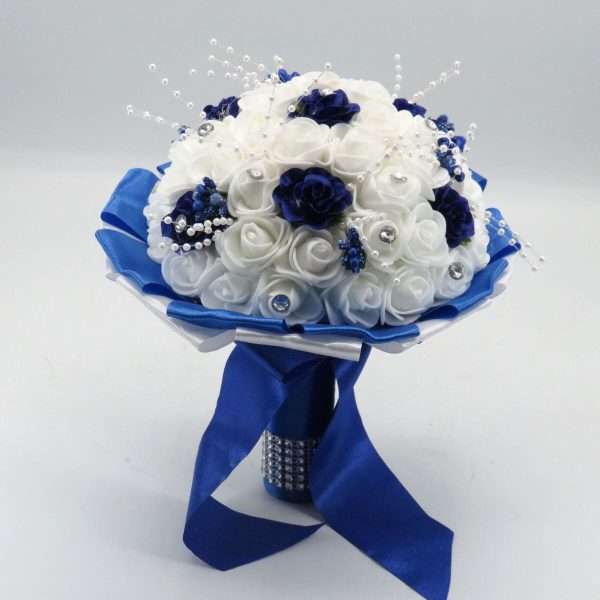Buchet mireasa cu flori de spuma, albastru si alb ILIF403054 (5)