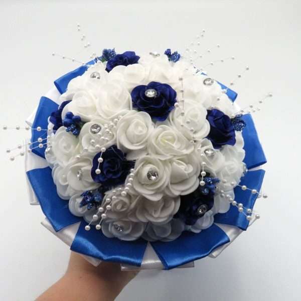 Buchet mireasa cu flori de spuma, albastru si alb ILIF403054 (7)