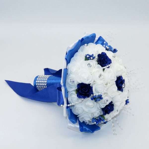 Buchet mireasa cu flori de spuma, albastru si alb ILIF403054 (1)