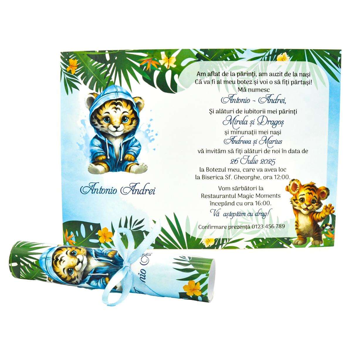 invitatie botez baietel rulata papirus jungle jungla bleo leu tigru 1
