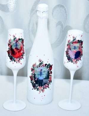 Set cadou, sticla vin spumant si pahare decorate manual – FEIS207002