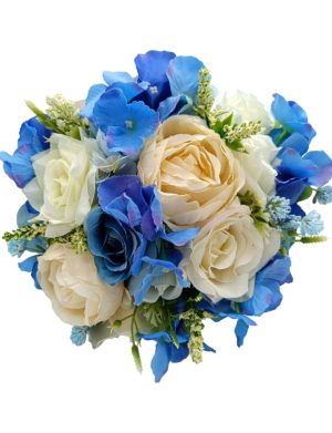 Buchet mireasa/nasa cu flori de matase, alb-albastru – FEIS309006