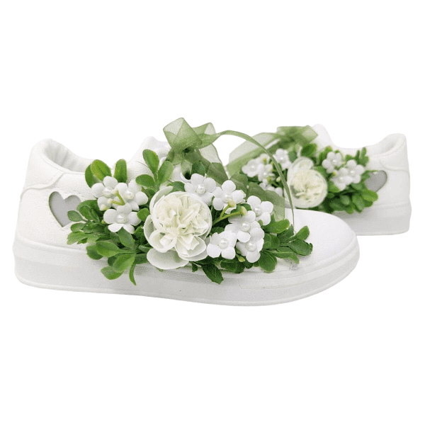 Tenisi pentru mireasa cu panglica si flori alb verde DSPH303005 1