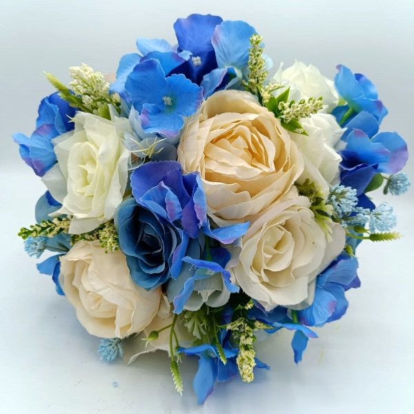 Buchet mireasanasa cu flori de matase, alb albastru FEIS309006 (2)