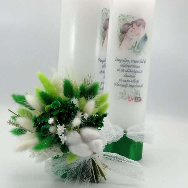 Lumanare Nunta decorata cu flori uscate, verde smarald ILIF402007 (4)
