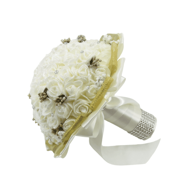 Buchet mireasa de aruncat cu flori de spuma alb auriu ILIF303082 1
