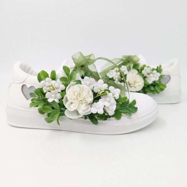 Tenisi pentru mireasa cu panglica si flori alb verde DSPH303005 3