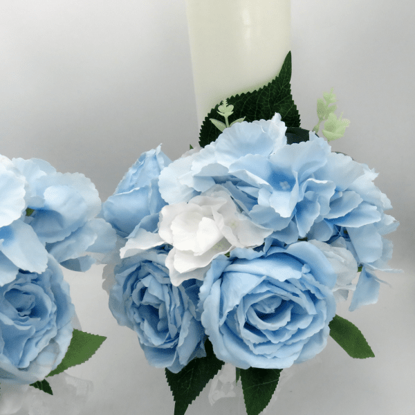 Lumanare cununie, decorata cu flori din matase, bleu&alb ILIF403028 (1)