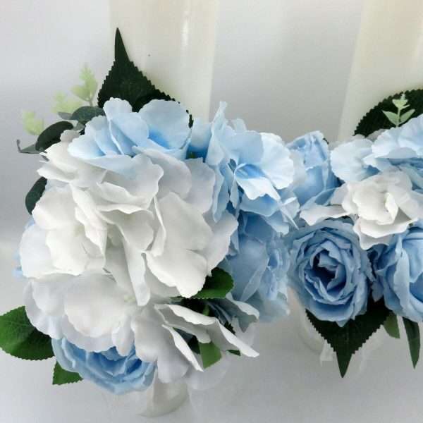 Lumanare cununie, decorata cu flori din matase, bleu&alb ILIF403028 (10)