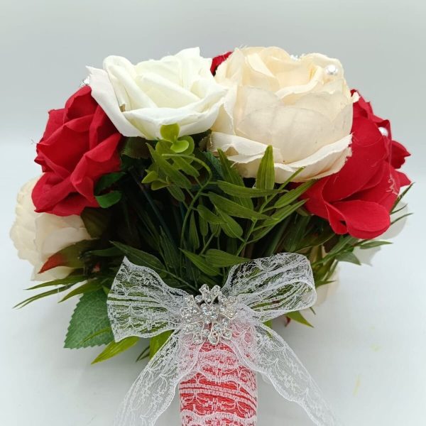 Buchet mireasa cu flori de matase si bijuterii, alb rosu FEIS309005 (3)