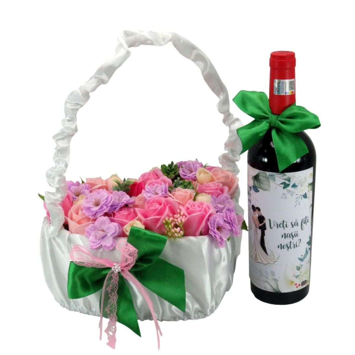 Cadou Cerere Nasi Cununie sticla vin personalizata & cos cu flori m2 ILIF402011 (3)