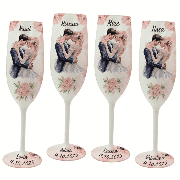 Set 4 pahare nunta pentru miri & nasi, Fuzzy Pink, Personalizat FEIS404007