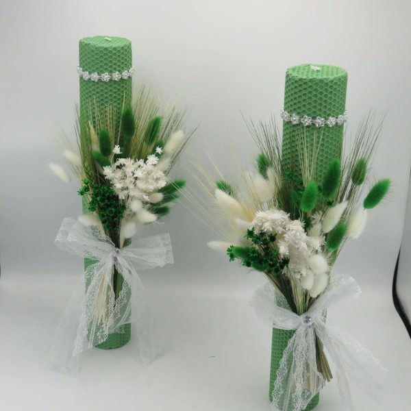 Lumanare nuntabotez, ceara naturala cu flori uscate, verde alb ILIF311027 (5)