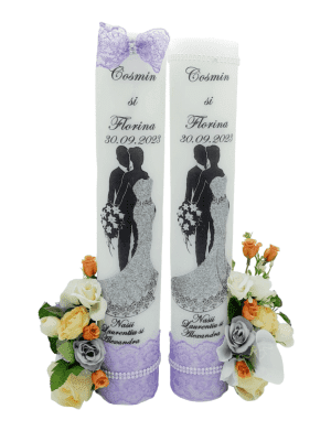 Lumanare nunta personalizata, cu flori de matase, tematica lila – FEIS307001