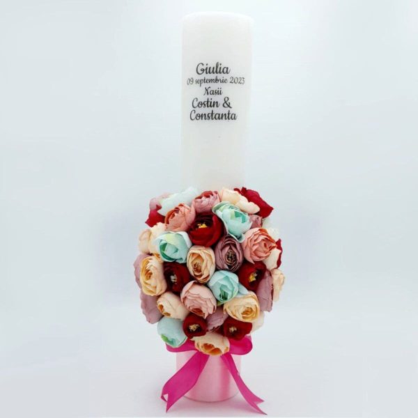 Lumanare Botez personalizata si decorata cu flori de matase FEIS312010 (1)