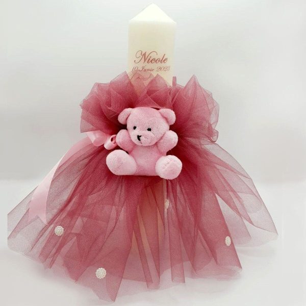 Lumanare botez fetita, personalizata, cu tulle si ursulet roz FEIS312002 (2)
