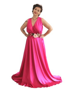 Rochie versatila lunga domnisoare de onoare, din satin roz bobon – AGB304035