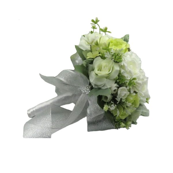 Buchet mireasanasa cu flori de matase, verde&alb – ILIF310056 (2)