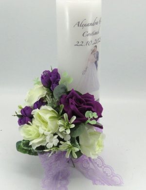 Lumanare Nunta, model personalizat, decor cu flori de matase, mov – ILIF310027