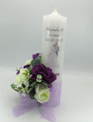 Lumanare Nunta, model personalizat, decor cu flori de matase, mov – ILIF310027