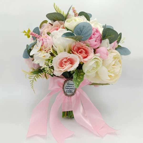 Buchet mireasanasa, model deosebit cu flori de matase, alb roz FEIS312022 (4)