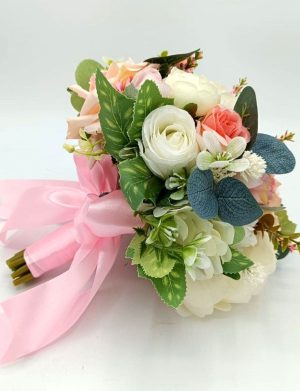 Buchet mireasa mica/ domnisoara de onoare/ pentru aruncat, model cu flori de matase alb-roz – FEIS312023