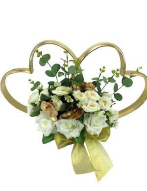 Decor masina pentru nunta, inimioare decorate cu flori, auriu & alb ILIF406003 (2)