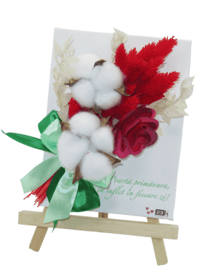 Mini tablou cu stativ, decorat cu flori uscate si mesaj, rosu-alb – ILIF304011