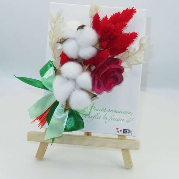 Mini tablou cu stativ decorat cu flori uscate si mesaj rosu alb ILIF304011 2