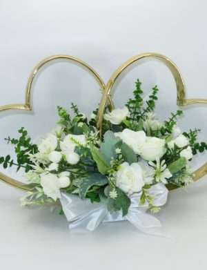Decor masina pentru nunta, inimioare decorate cu flori, verde & alb – ILIF305059