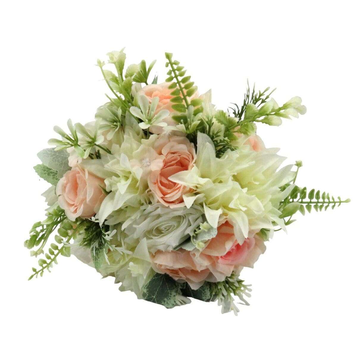 Buchet mireasanasa cu flori de matase, verde, piersiciu & alb – ILIF403006 (6)