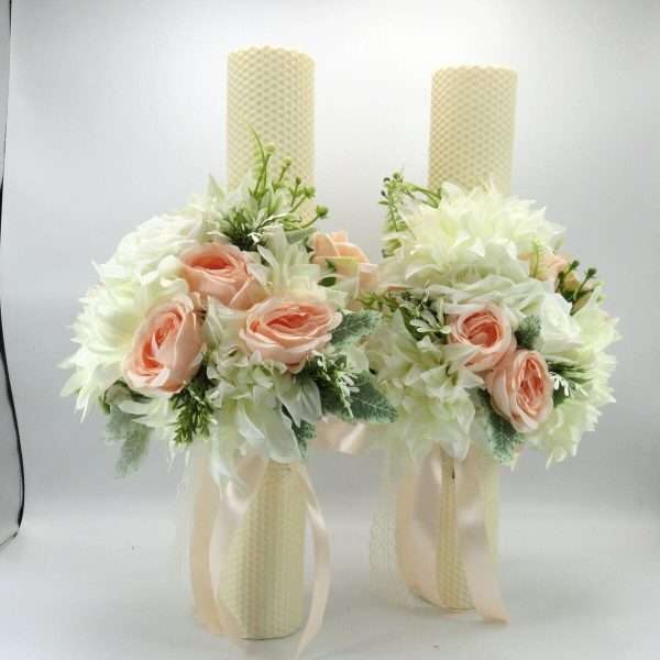 Lumanare nunta din ceara naturala cu flori de matase, piersiciu&alb ILIF403008 (2)