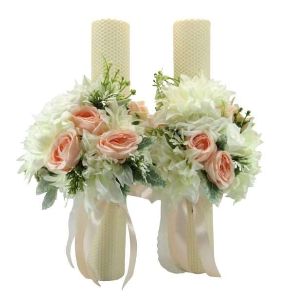 Lumanare nunta din ceara naturala cu flori de matase, piersiciu&alb ILIF403008 (3)