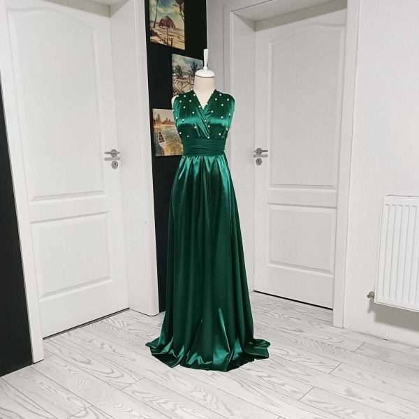 Rochie versatila lunga cu perle si bretele din tulle, verde smarald ACD404063 (1)