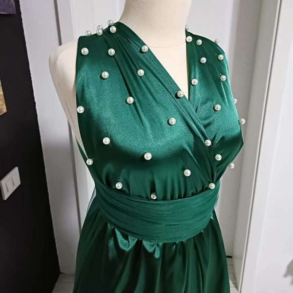 Rochie versatila lunga cu perle si bretele din tulle, verde smarald ACD404063 (3)